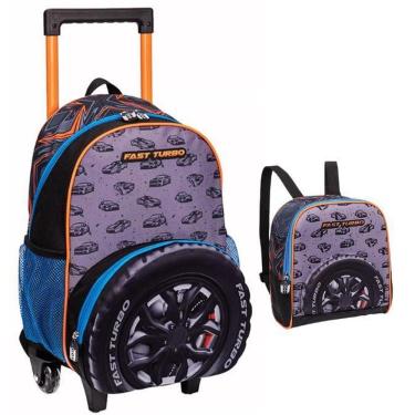 Imagem de Kit Mochila Escolar Carro Turbo 3D Rodinha Tam G Lancheira