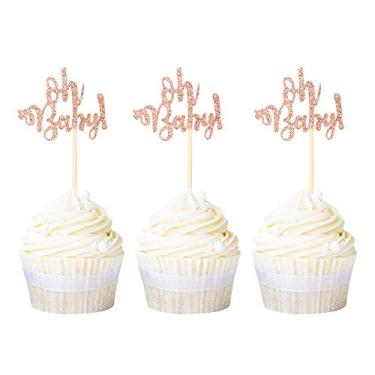 Imagem de Ercadio Pacote com 24 enfeites de cupcake Oh Baby ouro rosa glitter chá de bebê palhetas de cupcake para meninos meninas decoração de bolo de festa de aniversário