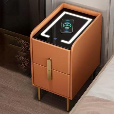 Imagem de Mesa de cabeceira estreita para quarto com estação de carregamento, mesa de cabeceira moderna com gavetas, pequenas mesas laterais de madeira com armazenamento, duas gavetas, com luz, economiza