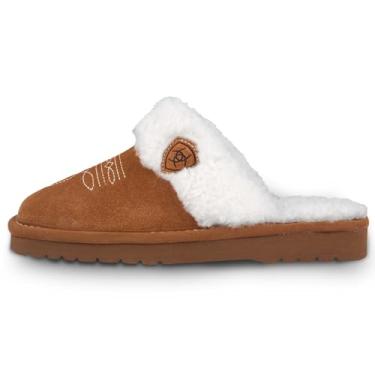 Imagem de ARIAT Pantufas femininas Jackie de couro de camurça genuíno macio e quente com gola de pelúcia, Castanho, 37