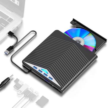 Imagem de LINKEET Unidade externa de CD/DVD 7 em 1 para laptop, leitor de CD/DVD portátil USB 3.0 e USB-C +/-RW gravador gravador com leitor de cartão SD/Micro SD e hub USB de 4 portas para