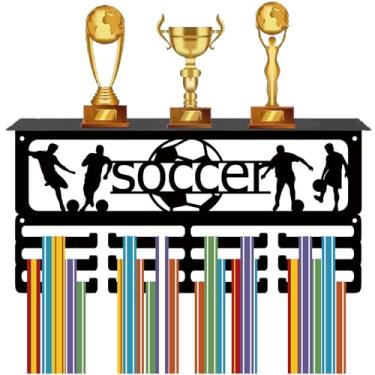 Imagem de CREATCABIN Suporte de medalha de futebol com prateleira Medalha Troféu Exibição Cabide Futebol Esportes Prêmio Organizador de Fita Rack de Ferro Suporte de Parede Suporte de 60+ Medalhas para Atletas,
