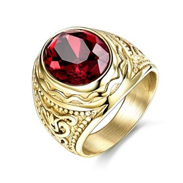 Imagem de MASOP Lunxury Anel masculino de aço inoxidável gravado vermelho rubi sintético cristal dourado aliança de casamento, 10, Aço inoxidável 316L, Zircônia cúbica