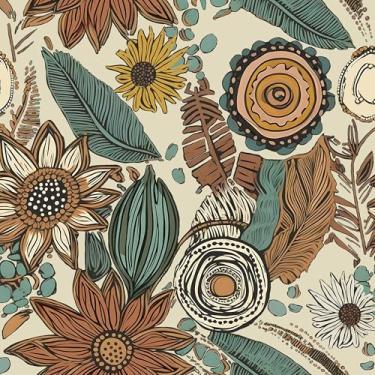 Imagem de Papel de parede Boho descascar e colar, papel de contato floral retrô 44,5 cm x 1,000 cm, papel de parede de flores botânicas vintage autoadesivo removível à prova d'água para paredes prateleiras