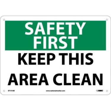 Imagem de NMC Placa SF131AB OSHA, legenda "SAFETY FIRST - KEEP THIS AREA CLEAN", 35,56 cm de comprimento x 25,4 cm de altura, alumínio, preto/verde em branco