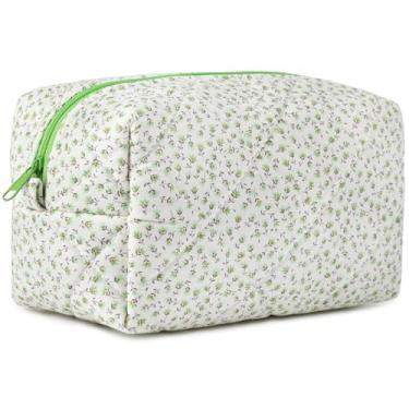 Imagem de SOIDRAM Bolsa de maquiagem acolchoada bolsa de cosméticos floral bolsa de maquiagem coquete bufante, Green Ditsy, Small