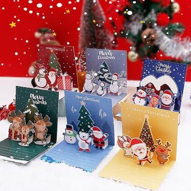 Imagem de Cartões de Natal, pacote com 6 pequenos cartões de presente de Natal pop-up com adesivos de envelope, cartões 3D fofos de Natal, Natal, boneco de neve, rena, árvore de Natal, cartões sortidos 10,9 x 11,9 cm (A-6 peças)