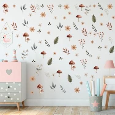 Imagem de Ausril Decalques de parede de flores boho, decalque de parede de cogumelo de vinil para Nusery, adesivo floral retrô DIY para quarto de meninas, adesivo de janela de primavera, papel de parede vintage