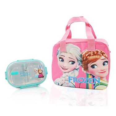 Imagem de Frozen Princess Saco de comida isolado com zíper rosa + compartimento azul claro de aço inoxidável Bento recipiente caixa com tampa transparente conjunto para piquenique