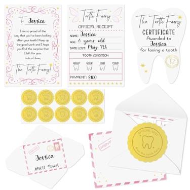 Imagem de QIMGIC Conjunto de mini recibos de dente - conjunto de 20 cartões de dente rosa com envelope e carta de fada para crianças, certificado de dentes perdidos lembrança carimbo postal saco de presente com