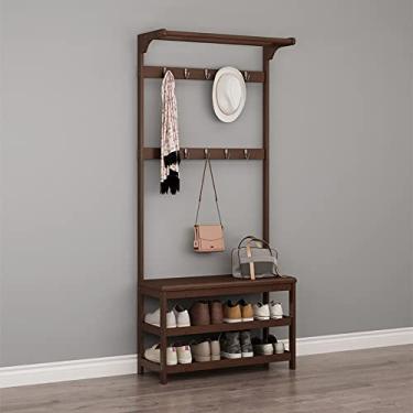 Imagem de Cabide de entrada, banco de sapato, suporte de casaco multifuncional, árvore de corredor 3 em 1 com sapateira e 10 ganchos, forte e durável, organizador de prateleira de armazenamento para sala de