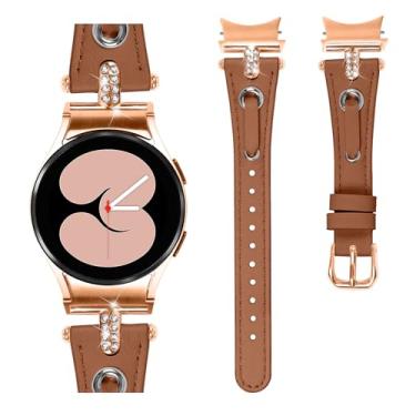 Imagem de DEALELE Pulseira compatível com Samsung Galaxy Watch 6/Galaxy Watch 5/Galaxy Watch 4 de 40 mm e 44 mm, pulseira de couro de diamante brilhante de 20 mm para mulheres e homens, rosa-marrom