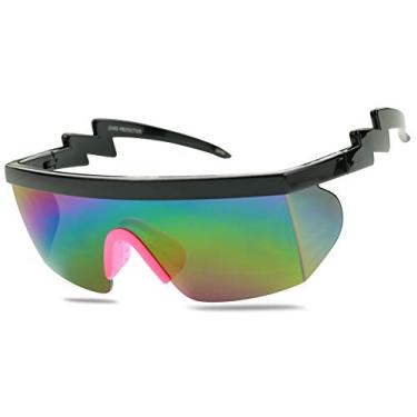 Imagem de ShadyVEU Óculos de sol arco-íris neon semi sem aro com lentes espelhadas proteção UV anos 80 retrô rave Shades torto ziguezague parafuso braço, Armação preta/almofada de nariz rosa, Large