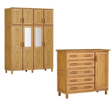 Imagem de Conjunto Guarda-Roupa Grécia Casal Mel c/ Espelho 4 Portas Maleiro Cômoda Sapateira Mel 5 Gavetas 1 Porta Madeira Maciça Pinus - Cavazotto