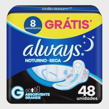 Imagem de Absorvente always noturno tamanho G seca com abas pacote 48 unidades grátis 8 absorventes