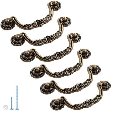 Imagem de ESreake 6 peças de puxadores de bronze antigo, puxadores de armário esculpidos vintage, puxador de gaveta retrô com centro de orifício de 9,7 cm, textura na alça para armário de cômoda com parafusos