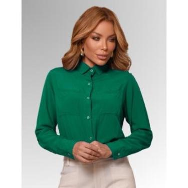 Imagem de Camisa feminina manga longa 2 bolsos camisete de botão leve respiravel não amassa facil-Feminino