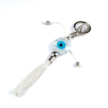 Imagem de Chaveiro Olho Grego Murano Branco Talismã de Proteção 16 cm - Lua Míst