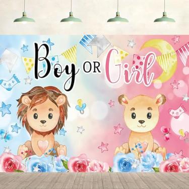 Imagem de 2,1 x 1,5 m pano de fundo revelador de gênero menino ou menina, o que será o bebê fofo leão rosa azul flores fundo decoração decoração bolo mesa banner retrato foto estúdio adereços