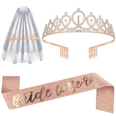 Imagem de KatchOn, Glitter, Rose Gold Bride to Be Sash Kit - Pack of 3 | Bride to Be Sash and Veil Set with Crown | Bridal Sash and Tiara Set for Bridal Shower Decorations | Bachelorette Party Sash Decorations