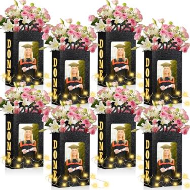 Imagem de Foilswirl Decorações de mesa de centro de formatura 2025 para mesas, molduras iluminadas, decoração de mesa, álbuns de papel com glitter, enfeites de mesa para presentes de graduação (preta)