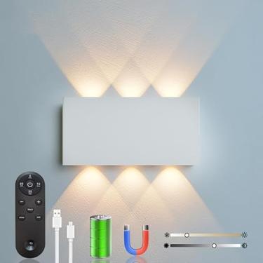 Imagem de Shelprojsu Arandela de parede LED sem fio, lâmpada de parede recarregável operada por bateria de 5200 mAh com controle remoto, 3 cores e luz de parede magnética regulável sem fio (branco, 1)
