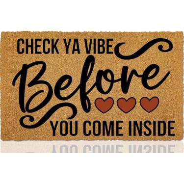 Imagem de ReyloCG Tapetes de porta Check Ya Vibe Before You Come Inside Faux Coir Felt para entrada ao ar livre com suporte de borracha, tamanho de 59,9 cm x 39,9 cm, tapetes de porta laváveis de borracha,