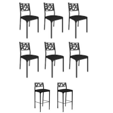 Imagem de Kit 6 Cadeiras E 2 Banquetas Luiza Gourmet Aço Assento Courino Preto Gat Magazine