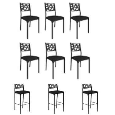 Imagem de Kit 6 Cadeiras E 3 Banquetas Luiza Gourmet Aço Assento Courino Preto Gat Magazine