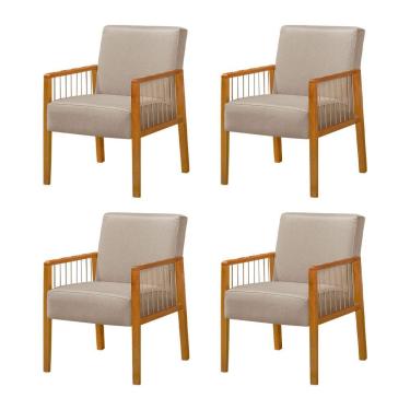 Imagem de Kit 4 Poltronas Decorativa Base Em Madeira Maciça E Corda Náutica Copacabana Linho Bege - Bege