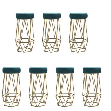 Imagem de Kit 07 Banqueta Com Encosto Mhara Hexágono Cozinha Bar Ferro Dourado Suede Azul Turquesa