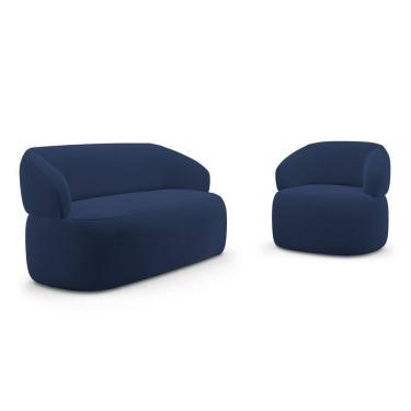 Imagem de Kit Poltrona Giratória E Sofá Orgânico Living Glee 03 Lugares 170cm Veludo Azul Marinho Desk Design