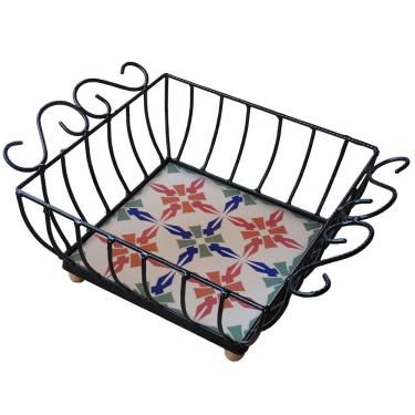 Imagem de Fruteira De Mesa Ferro E Azulejo Quadrada Grande Pra Cozinha Azulejo G8