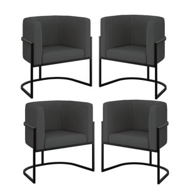 Imagem de Kit 04 Poltronas Lua Sala Decorativa Base Ferro Black Corino Cinza