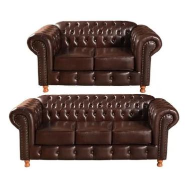 Imagem de Conjunto Sofás 2 E 3 Lugares Chesterfield Luís Xv Vintage Retrô Capitonê Couro Marrom