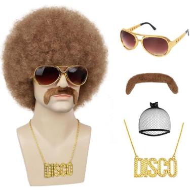 Imagem de Guree Hair Peruca Afro Masculina Para Festa Disco Dos Anos 70, Conjunto De 5 Peças (Peruca + Óculos Colar Bigode Boné), Traje Cosplay, Halloween, Natal (Marrom Claro)