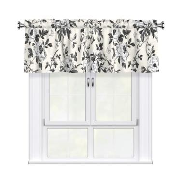 Imagem de Cortina de sanefa floral preta para janelas com flores pretas e brancas para cozinha, sala de estar, café, porão, cortina moderna com bolso para varão, para fazenda, campo, 137 x 45 cm