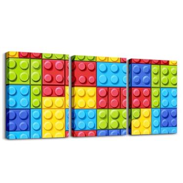 Imagem de Feelyou Pôster de tela de brinquedo colorido para adolescente, decoração de blocos de construção, pintura de parede 30,5 x 40,6 cm, 3 peças, imagem geométrica colorida, arte de parede, jogos fofos