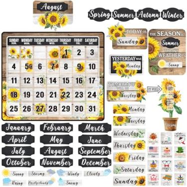 Imagem de Cholemy Conjunto de quadro de avisos de 85 peças, calendário de sala de aula, quadro de avisos com números, mês, clima e sala de aula, decoração de parede para quadro-negro, material escolar (girassol