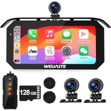 Imagem de WEUASTE Câmera de painel de motocicleta: Carplay de motocicleta sem fio, Android Auto, motocicleta TPMS, tela sensível ao toque impermeável de 0,25 polegadas, câmeras duplas HD 1080P, SD-128GB