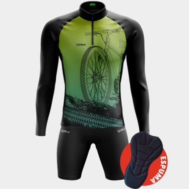 Imagem de Conjunto Ciclismo Masculino - Camisa Bike Roda Verde Degradê PRO Manga