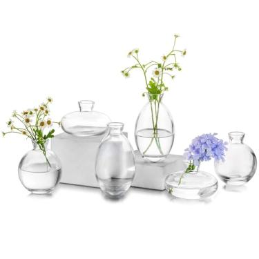 Imagem de Vaso de vidro para centros de mesa, 6 peças/2 conjuntos de mini vasos transparentes modernos Glasseam para flores, conjunto de vasos de flores a granel, estético, fofo, feito à mão, minúsculo, curto,