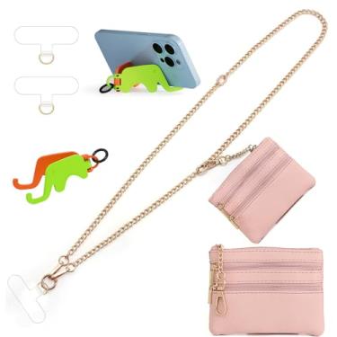 Imagem de Alça Clip and Go para telefone corrente de metal dourado com bolsa rosa carteira transversal cordão de telefone para mulheres com suporte para celular 2 adesivos cordão ajustável anti-roubo para