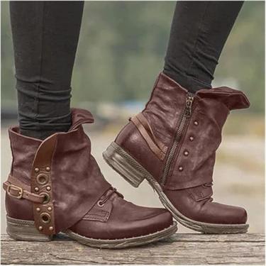Imagem de Botas De Motociclista De Outono Inverno Botas De Tornozelo De Couro Pu Para Senhoras Botas De Tornozelo De Combate Com Zíper Botas Curtas De Moda Com Chuteiras Botas De Neve Que, Brown, 7 UK