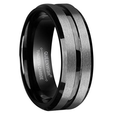 Imagem de QUEENWISH Alianças de casamento de tungstênio preto prata fosco central sulcado anel para casais tamanho 5-14, Carboneto de tungstênio, Sem pedra preciosa
