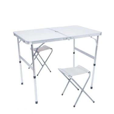 Imagem de Mesa Dobrável Portátil 3 Tamanhos Vira Maleta para Picnic Com Alça Opção com Bancos (BRANCO,Mesa Maleta + 2 Bancos (90x60))