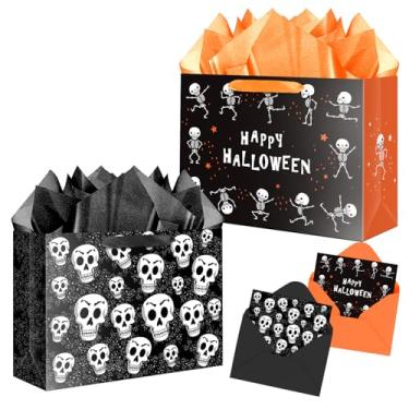 Imagem de JWSCYSY Pacote com 2 sacos de presente de caveira de 32 cm com cartão e papel de seda, sacos de papel de feliz dia das bruxas para homens e mulheres (preto)