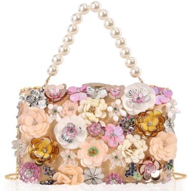 Imagem de DEXMAY Bolsa clutch feminina elegante floral com contas e 2 alças destacáveis, bolsa de mão com flores 3D para casamento, festa, formatura, Cetim-dourado, Medium