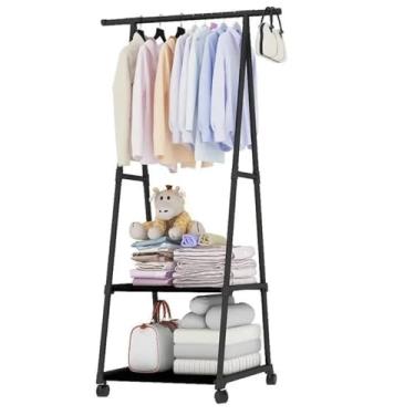 Imagem de Arara Organizadora Cabideiro de Roupas Com Prateleiras e Rodinhas 360°, Closet Organizador Portátil Multifuncional (Preto)