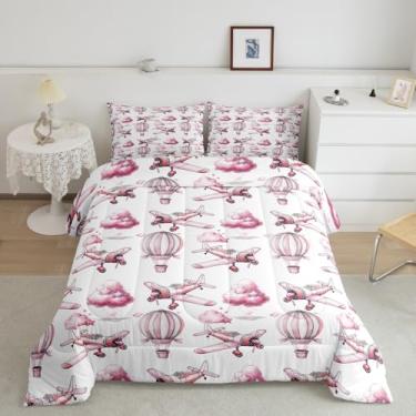 Imagem de Manfei Jogo de cama Queen com balões de ar quente, tema avião, avião, aviação, decoração de quarto de meninas e mulheres, edredom sonhador de nuvens estreladas, enchimento de edredom rosa, 2 fronhas